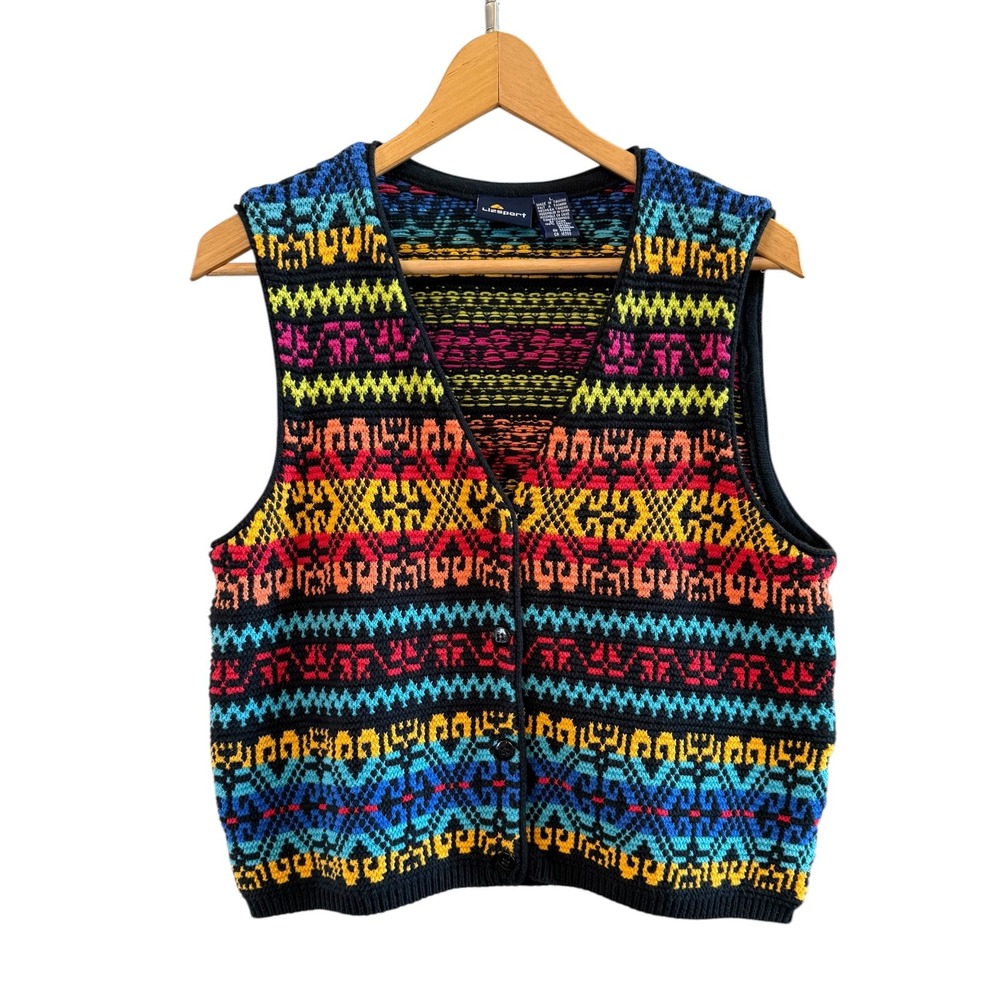 Fun Vintage LizSport Bright Colorful Abstract Striped 90's Knit Sweater Vest L